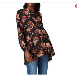 Ripe Shirt Womens Medium Maternity Black Red Pink‎ Rose Floral Karla Peplum Top